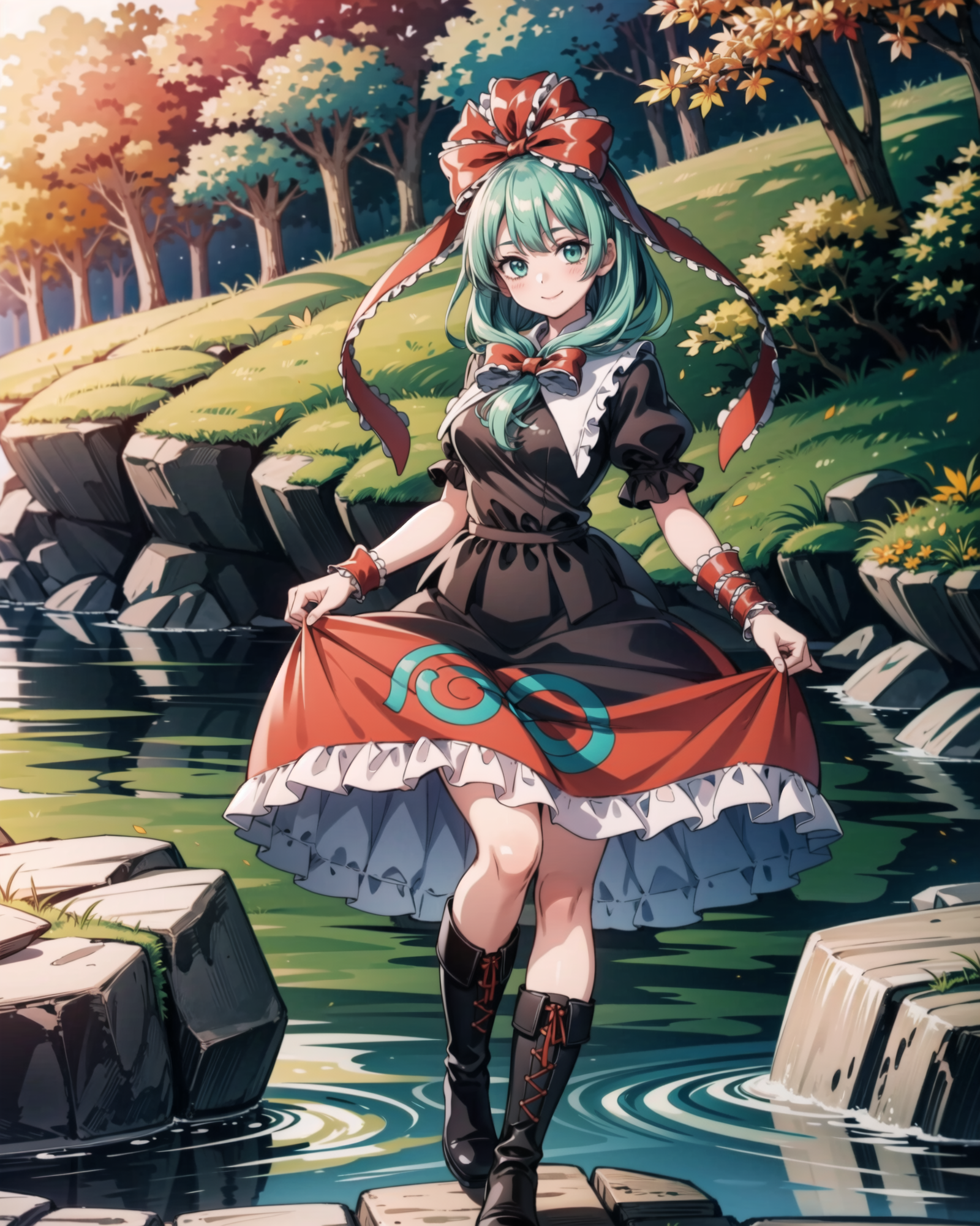 00731-2798042770-,1girl, kagiyama hina, solo, boots, short sleeves, front ponytail, green hair, puffy short sleeves, dress, smile, puffy sleeves,.png